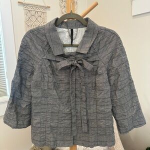 Poleci Gray Plaid Cropped Jacket Blouse Tie Front Lace Back Size 8